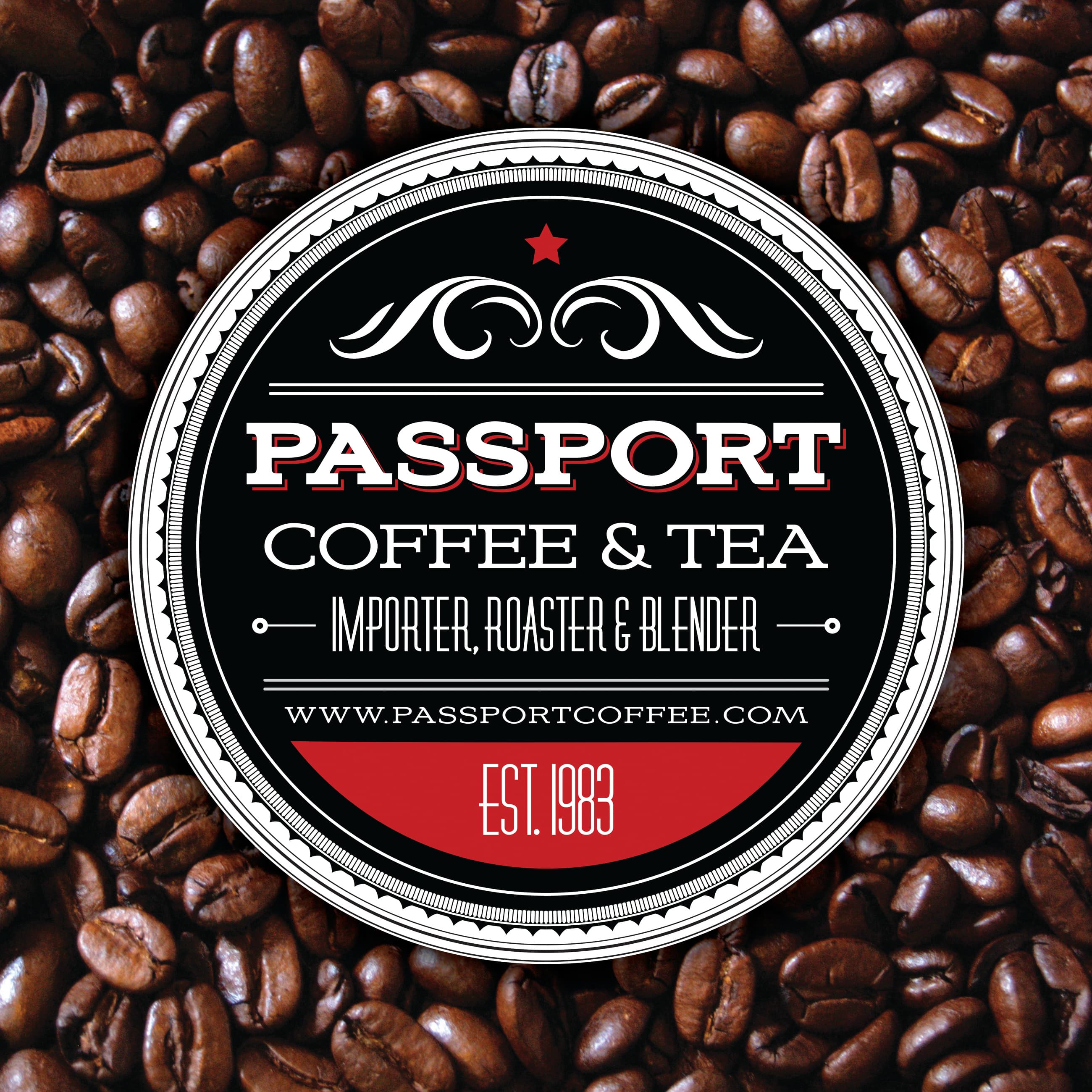 Passport Coffee & Tea identity over roasted coffee beans